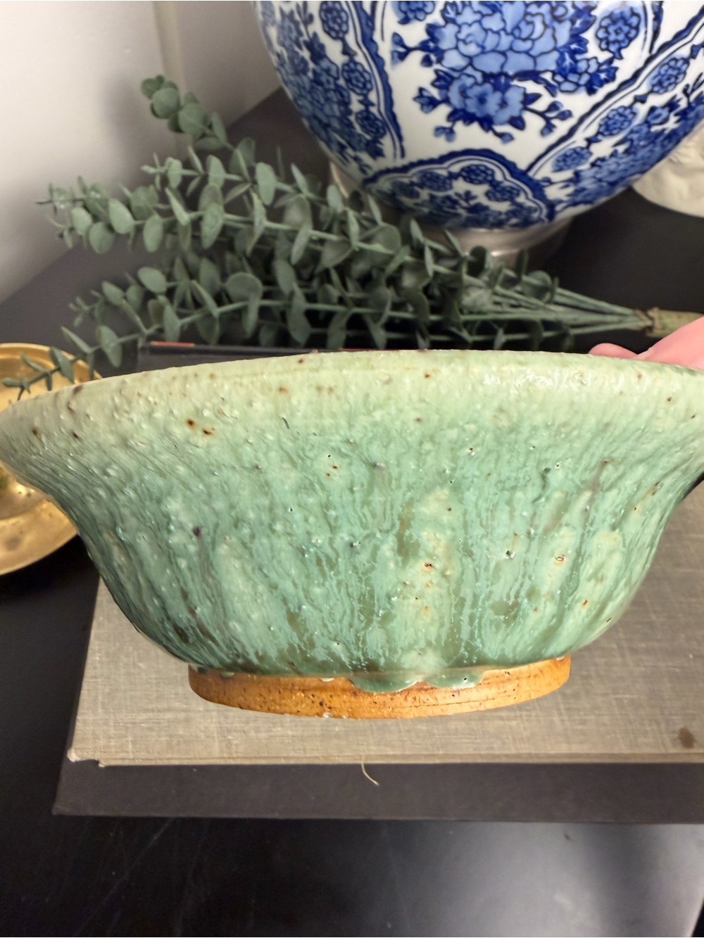 Signed Studio Pottery Green Drip Glaze Bowl